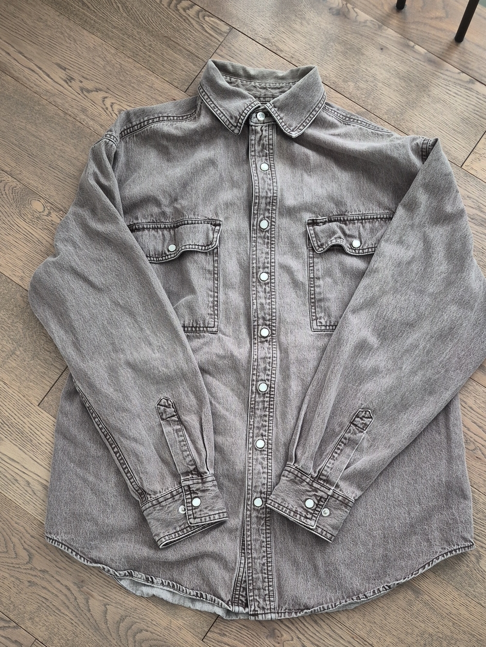 Men's Gray Washed Brown Denim Button-Down Shirt